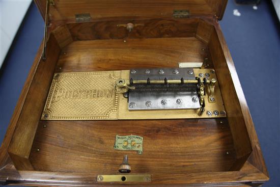 A 19th century walnut cased Polyphon musical box, with thirty six 15.5 inch discs, width 21.5in.
